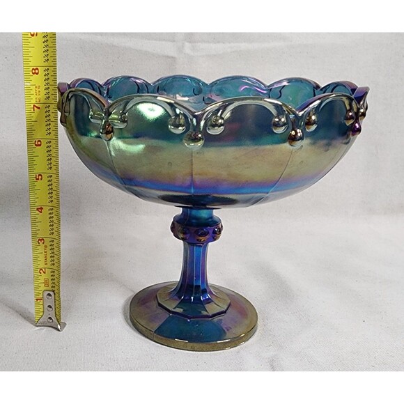 Vintage Indiana Glass Blue Carnival Glass Footed Compote – Teardrop Garland 8.5" - Picture 9 of 9